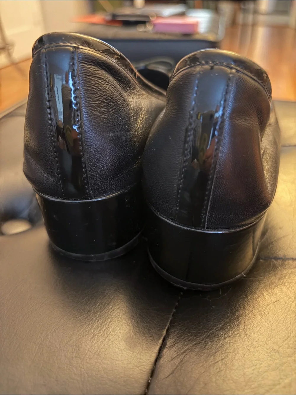 Cole Haan Black Leather Ballet Flats with Patent Toe and Bow